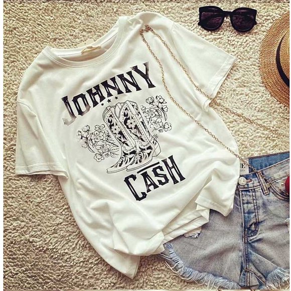 For Love Bell Tops - Johnny Cash Boho Graphic Tee Short Sleeve